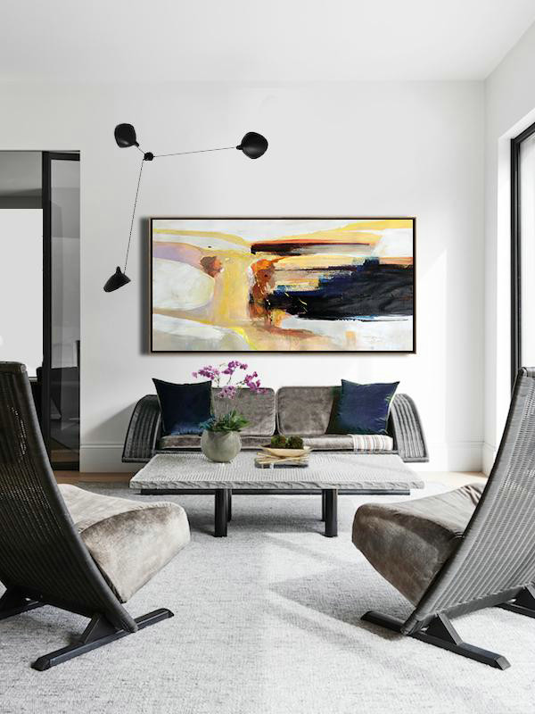 Extra Large Acrylic Painting On Canvas,Horizontal Palette Knife Contemporary Art Panoramic Canvas Painting,Original Art Acrylic Painting,Grey,Yellow,Black,Brown.etc